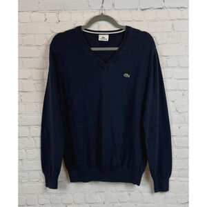LACOSTE 100% cotton dark blue logo mens knit V-neck sweater pullover size M